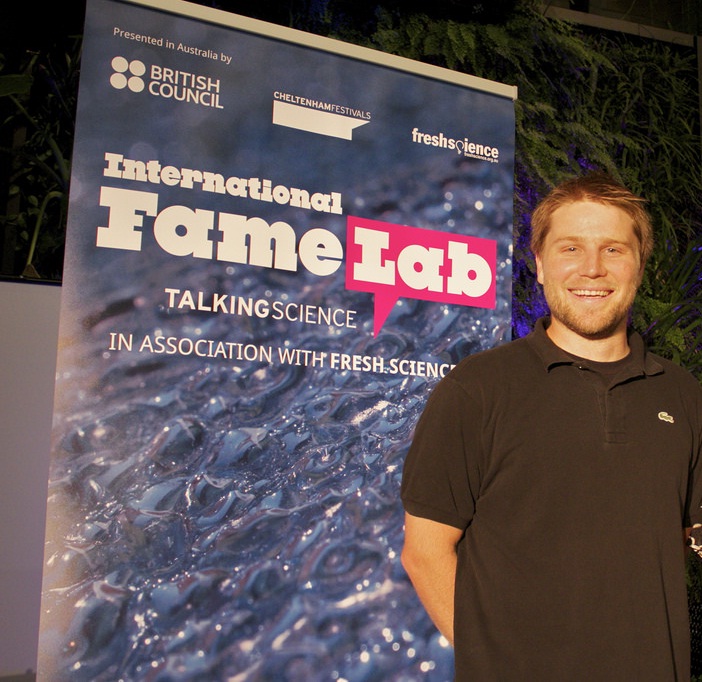 PhD student Tim Brennan presenting his innovative research at 2014 FameLab Australia